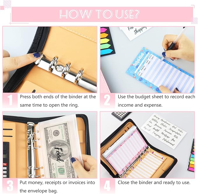 Budget Binder with Zipper Envelopes, Cash Envelopes for Budgeting, A6 PU Leather Budget Planner 2026 with Cash Envelopes Calculator, Bill Money Organizer for Cash Saving Budget System Wallet