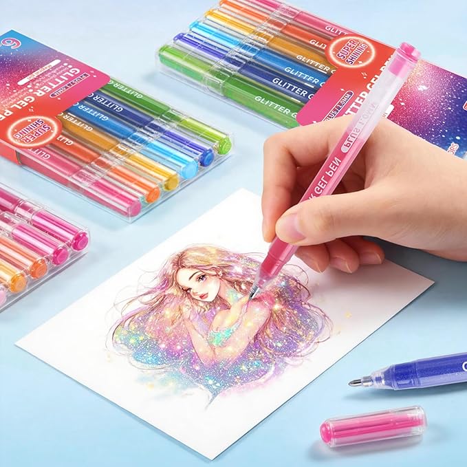 Glitter Gel Pens, 6 Colors Double Shining Colors Blue Glitter Metallic Gel Ink Pen with 1.0 mm Large Capacity Smooth Writing Color Pens for Adult Coloring Note, Drawing, Art Supplies