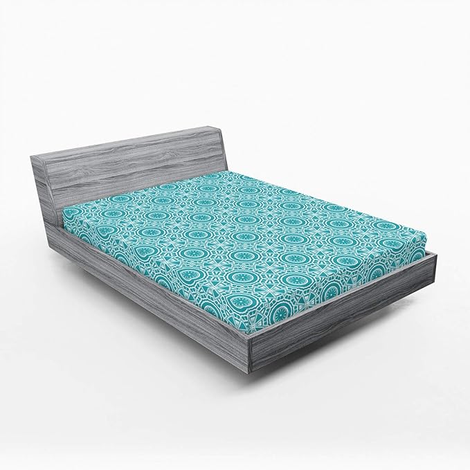 Ambesonne Boho 2 Pack Fitted Sheet, Modern Mandala Effect Pattern, Bed Cover All-Round Elastic Deep Pockets 2 Pieces, Package Contains 2 Queen Size Fitted Sheets, Dark Seafoam and White