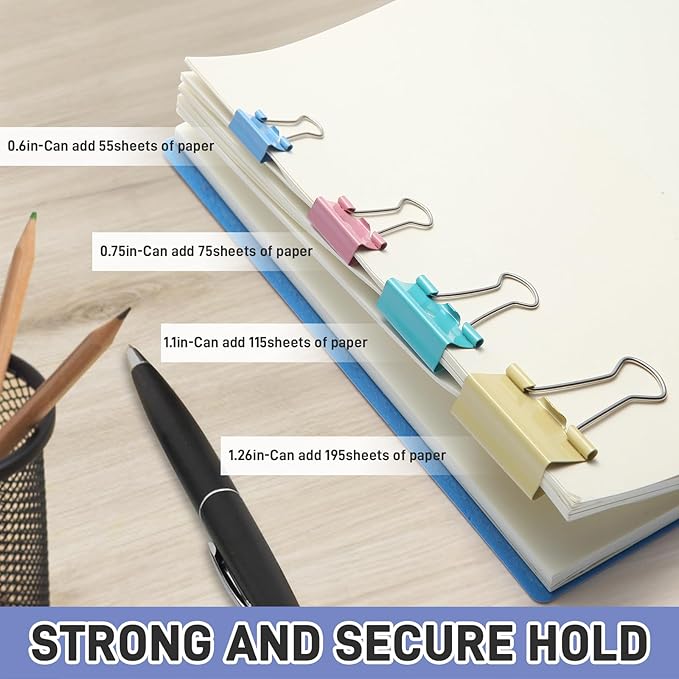 60PCS Colored Binder Clips Assorted Sizes, 4 Sizes Assortment-Includes Large, Medium, Small, Mini Metal Clips (1.26", 1.1", 0.75", 0.6"), Heavy-Duty Metal Paper Clamps for Office & School Supplies
