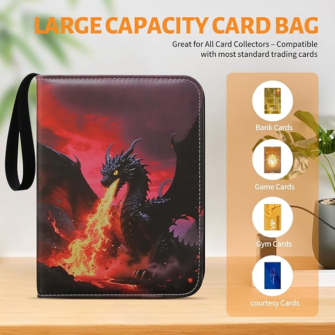 Trading Card Binder – Deluxe Fire Dragon 9-Pocket Side-Loading Zipper Album with 50 Sleeves and 900 Pockets – Fits Sleeved Cards – Ideal for TCG，MTG, Sports Collector
