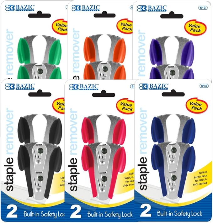 BAZIC Claw Style Staples Remover Safety Lock 2 Count, Colors May Vary (1 Pack)