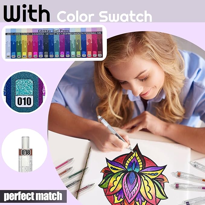 Glitter Pens 18 Colors with 18 Refills, Retractable Glitter Gel Pens for Adult, Vibrant Sparkle Metallic Colored Gel Pens Suitable for Coloring Books Doodling Drawing Journaling Note Taking Writing