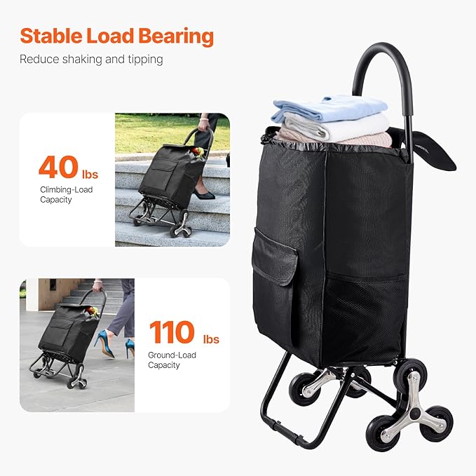 VEVOR Stair Climber Cart, 36L Capacity, Grocery Cart Laundry Stair Climbing Handcart with 6 Wheels & Oxford Cloth Bag, Foldable Stair Climber Hand Truck for Grocery Laundry, Black