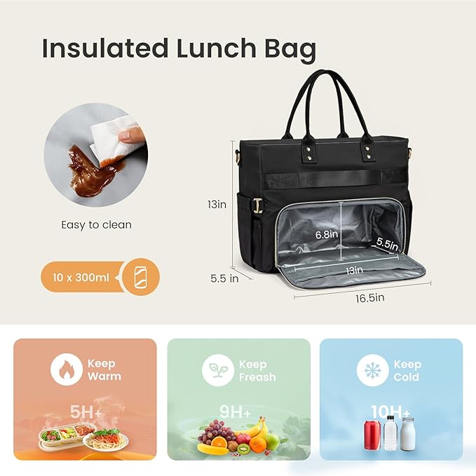 LOVEVOOK Lunch Bag, Tote Bag for Women with Insulated Lunch Compartment, Large Capacity Work Tote fit 17.3 Inch Laptop, Teacher Nurse Bag for Work, Crossbody Bags for Women with Cup Holder, Black