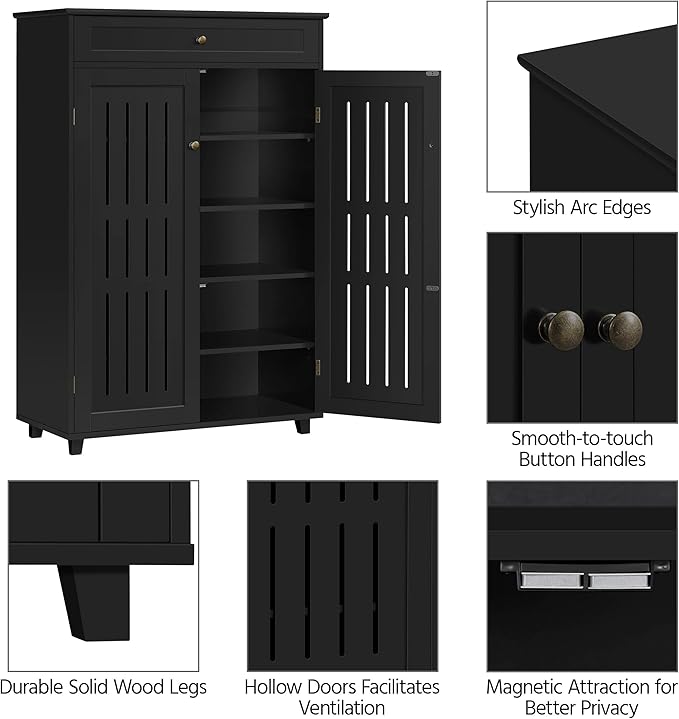 Yaheetech Shoe Cabinet, 5-Tier Shoe Rack Organizer with 1 Drawer, Freestanding Wooden Shoe Storage Cabinet with 2 Louvered Door & Adjustable Shelves for Entryway Hallway, Black