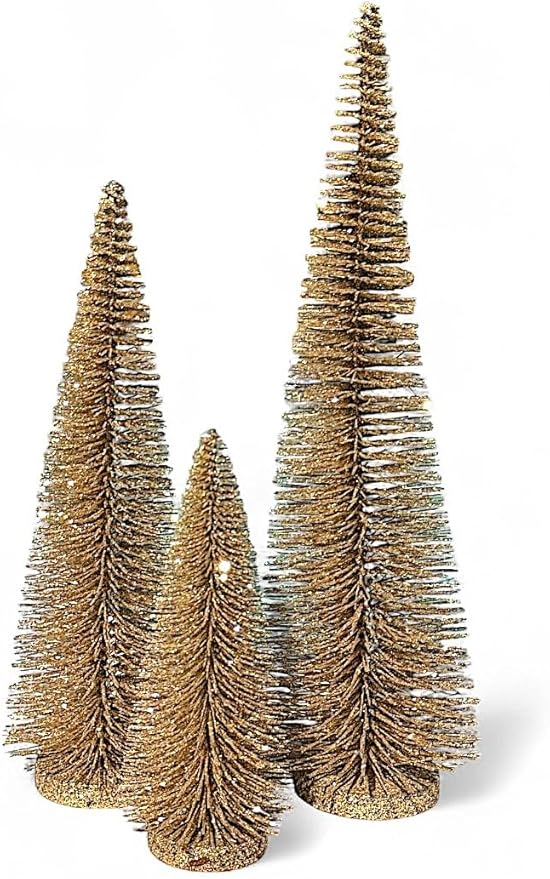 RAZ Imports Set of 3 Bottle Brush Trees – 17”, 14”, 9” Modern Christmas Holiday Winter Décor – Glittery Tabletop Mini Trees for Home Office Shelf Desk Mantel Fireplace Decoration (Gold Glittered)