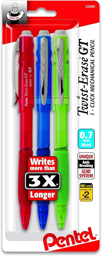 Pentel Twist-Erase GT (0.7mm) Mechanical Pencil, Assorted Barrel Colors, Color May Vary, Pack of 3 (QE207BP3M)