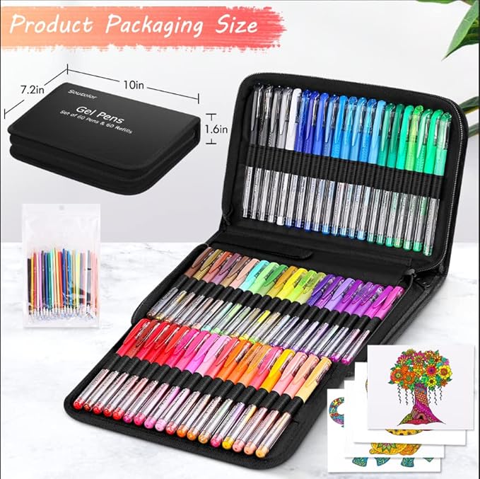 Soucolor Gel Pens for Adult Coloring Books, Deluxe 120 Pack-60 Colored Gel Pens, 60 Refills, with 40% More Ink, Art Markers Set, Black Case for Drawing Journaling Scrapbooking Art Kit Supplies