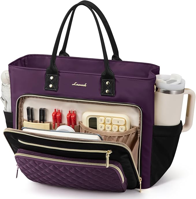 LOVEVOOK Insulated Lunch Tote Bag for Women, Large Capacity Work Bag with Laptop Compartment & Cup Holder, Water Resistant Nurse Tote for Office, Leakproof Crossbody Handbag, 15.6 Inch Black-Purple