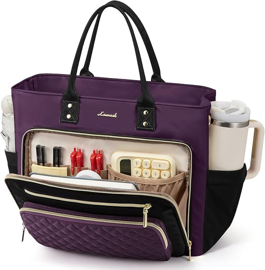 LOVEVOOK Insulated Lunch Tote Bag for Women, Large Capacity Work Bag with Laptop Compartment & Cup Holder, Water Resistant Nurse Tote for Office, Leakproof Crossbody Handbag, 15.6 Inch Black-Purple