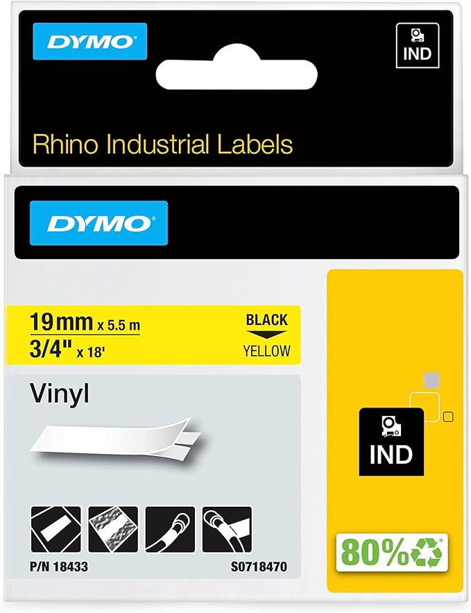 DYMO Rhino Industrial Vinyl Labels 3/4" Black Print on Yellow Tape