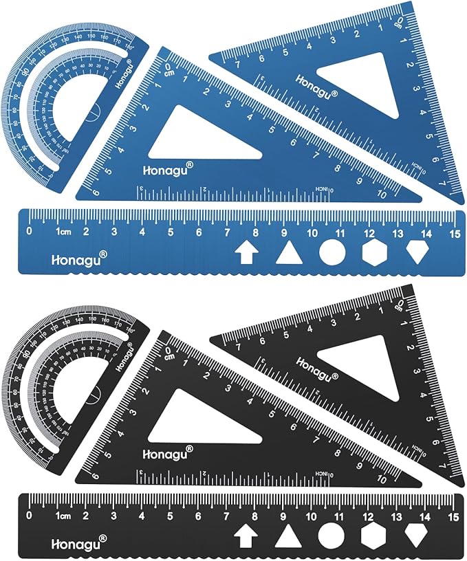 Honagu Triangular Ruler Set, 2 Set/8 Pieces Aluminum Alloy Ruler, Metal Drafting Ruler, Geometric Protractor for Students, Draftsmen, Engineers, School Office Supplies(15cm/5.9inches, Deep blue+Black)