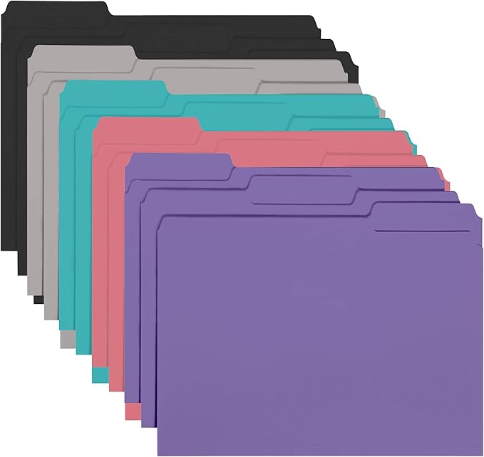 Smead Interior File Folder, 1/3-Cut Tab, Letter Size, Assorted Jewel-Tone Colors, 100 per Box, Expandable File Folders for Filing Cabinet