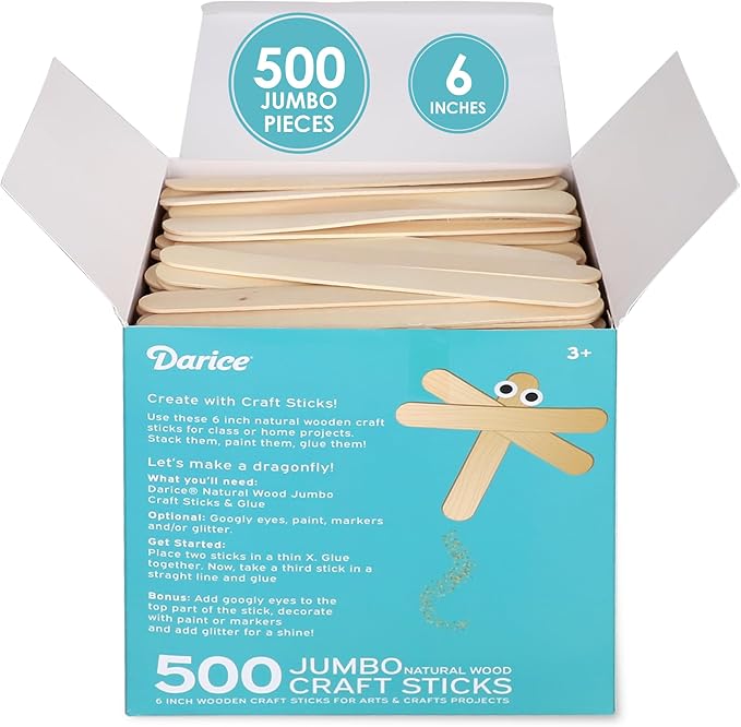 Darice 500 Pcs Popsicle Sticks for Crafts, 6" Natural Color Wooden Craft and Waxing Sticks - Classroom Supplies, STEM DIY Art, Ages 3+