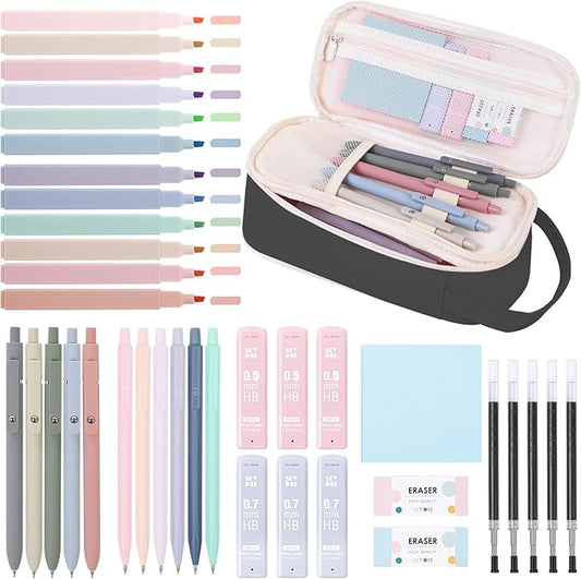 SKYDUE Cute School Supplies 38 PCS, Pencil Case with 12 Pastel Highlighters, 5 Black Gel Pens, Mechanical Pencils, College Essentials Students Stationary Set Black