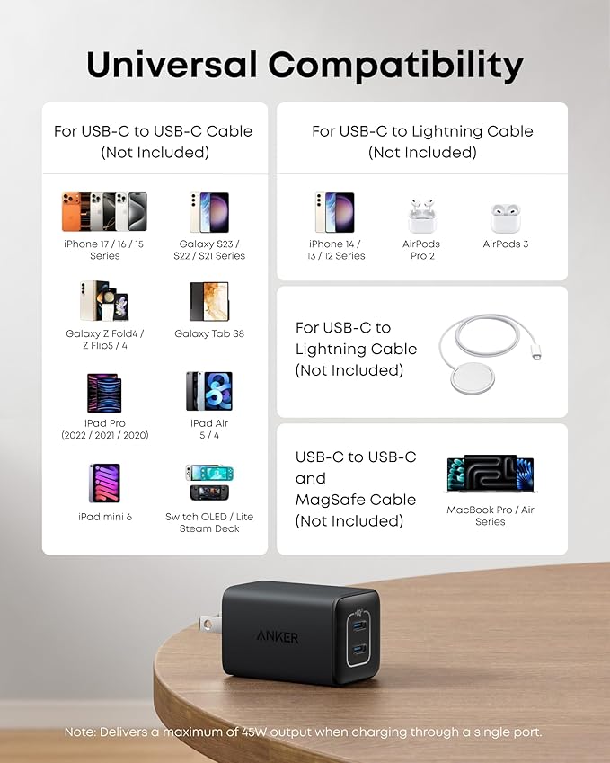 Anker Nano 47W USB C Charger, 2 Port Compact Foldable GaN Charger for iPhone 17 / 16, Galaxy, Pixel, Compatible with MagSafe (Black)