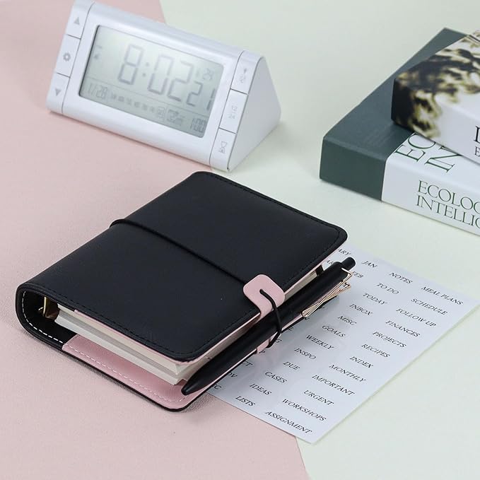 Koqye A7 Refillable Planner Small Binder Notebook 6 Ring, Portable PU Leather Organizer with Zippered Pocket, To-Do & Blank Refill Papers, Dividers, Monthly Sticker, Pen, for Students, Professionals, Travel (Black & Pink)