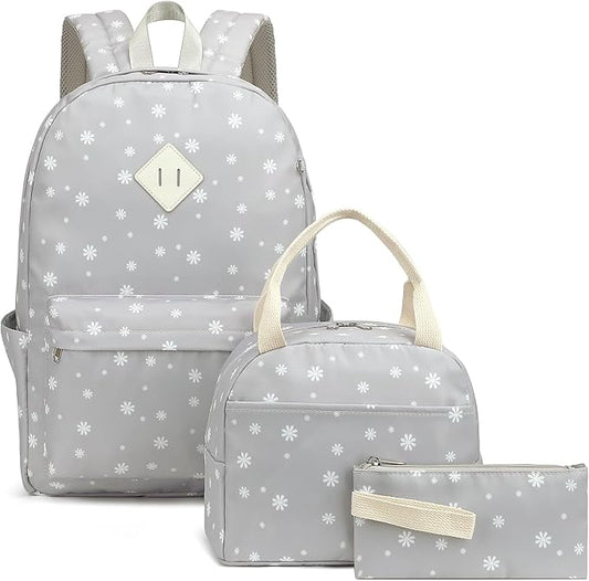 Flowers School Backpack for Girls, 3PCS Bookbags Set with Lunch Box Pencil Pouch Elementary Middle School Bag Laptop Back Packs (Daisy Grey)