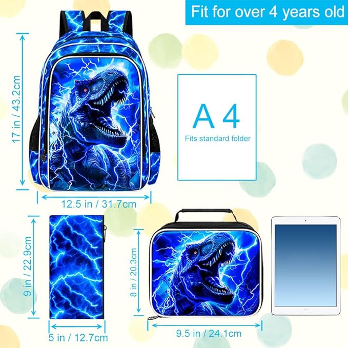 KLFVB 3PCS Boys Backpack Set, 17" Dinosaur Bookbag and Lunch Box, Water Resistant Teenagers School Backpacks for Middle Elementary - Lightning T-Rex