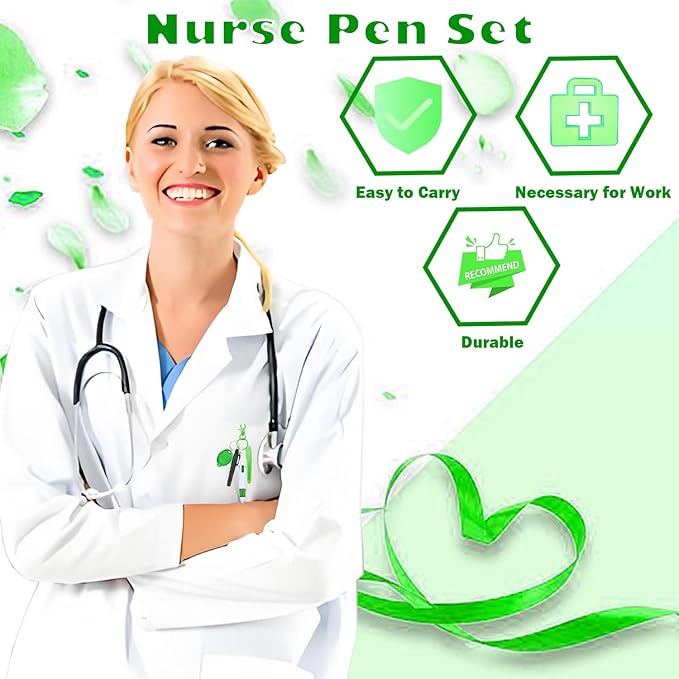 Nurse Pen Set, Badge Reel Pen Include Highlighter, Permanent Marker, LED Keychain Flashlight, Ballpoint Pen, and Nursing Keychain Clip (Green)