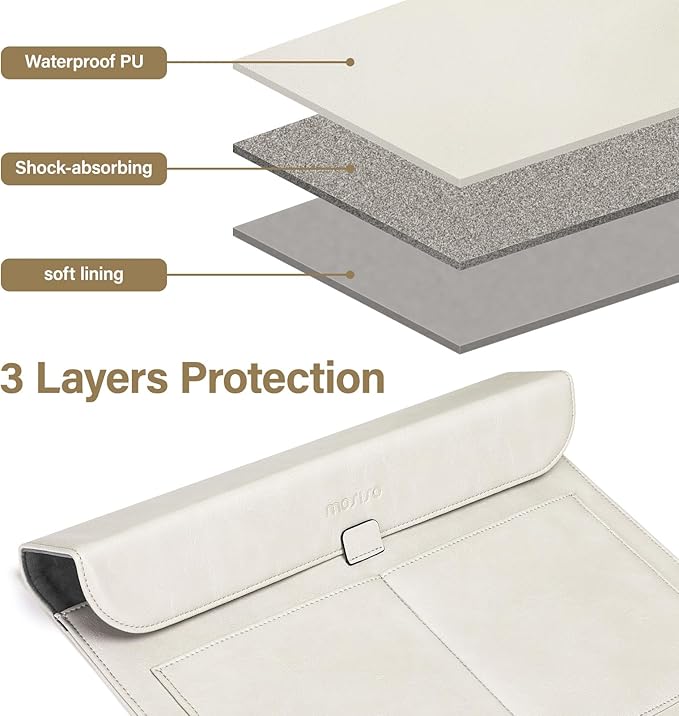 MOSISO Laptop Case 13.3 inch, 13-13.3 inch Laptop Sleeve Compatible with MacBook Air/Pro 13 / Pro 14, HP Dell ASUS Lenovo Notebook, PU Leather Flap Carrying Case with Stand&Small Pouch, Beige