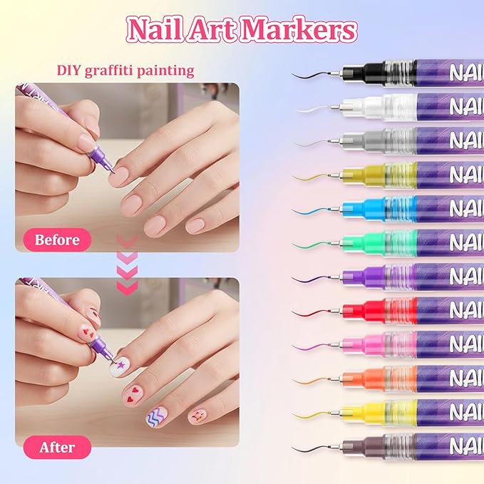 Nail Art Pens 12 Colors Set of 19pcs,3D Quick-Dry Nail Art Markers Polish Pen,Diy Nail Art Tools for Dotting Drawing Painting Point Liner,Home & Salon Manicure Tools