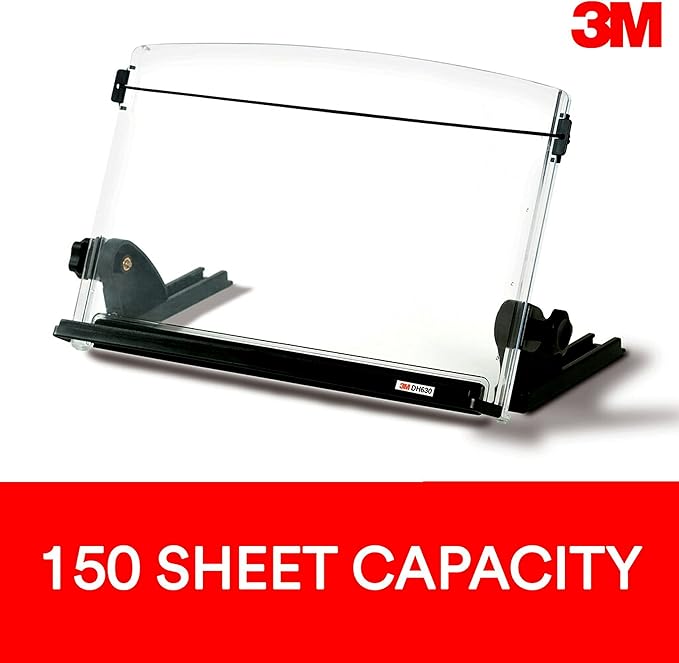 3M Adjustable Document Copy Holder, In-line with Monitor Minimizing Head and Neck Movement, 150 Sheet Capacity Holds Sheets to Books, Elastic Line Guide Keeps Pages Open, 14" Wide, Black (DH630) - Black/Clear