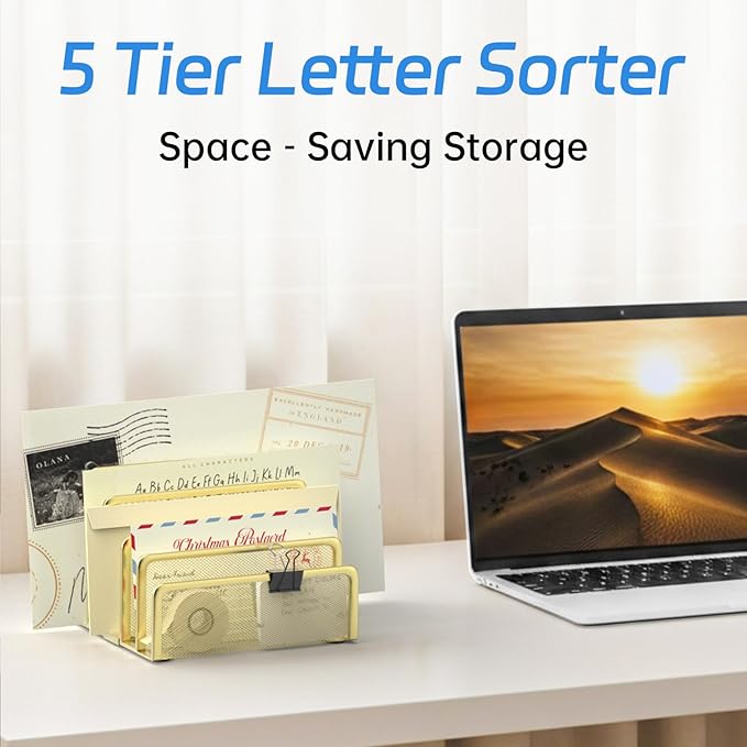 Mail Organizer Countertop with 5 Slot, Metal Mail Holder for Desk, File Holder Letter Sorter for Envelope, Bill and Document (Gold)