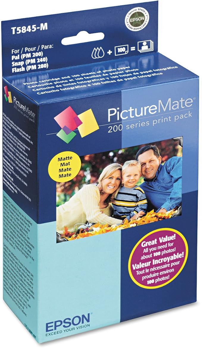 Epson T5845-M PictureMate Print Pack Includes Inkjet Cartridge containing black,cyan,magenta,yellow and 100 Sheets Matte Photo Paper