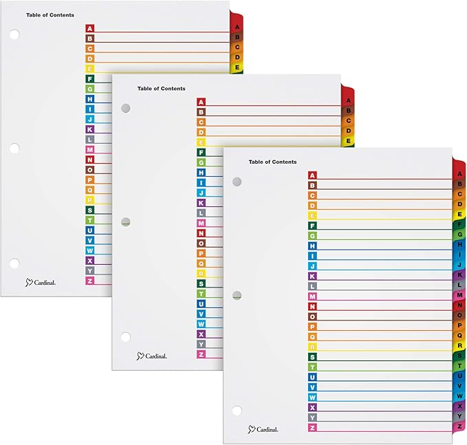 Cardinal Binder Dividers,A-Z Tabs,Customizable Table of Contents Page,Reversible Multicolor Tabs,3-Hole Punched for Binders,3 Count (Pack of 8)