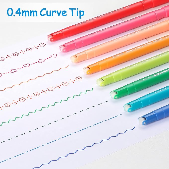 AECHY Curve highlighter pens for Note Taking, Dual Tip Pens with 6 Different Curve Shapes & 8 Colors Fine Lines, Colored Curve Flair Pen Set for Kids Journaling Scrapbook Note Taking Supplies(Rainbow)