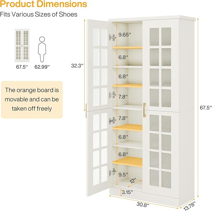 Tribesigns Tall Shoe Cabinet with Doors, 8-Tier Shoe Storage with Adjustable Shelves, Modern Shoe Organizer Shoe Rack Cabinet for Entryway, Hallway, Closet, Living Room, White