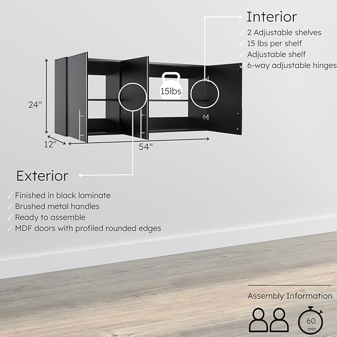 Prepac Elite 54" Wall Cabinet, Black Storage Cabinet, Bathroom Cabinet, Pantry Cabinet with 2 Adjustable Shelves 12" D x 54" W x 24" H