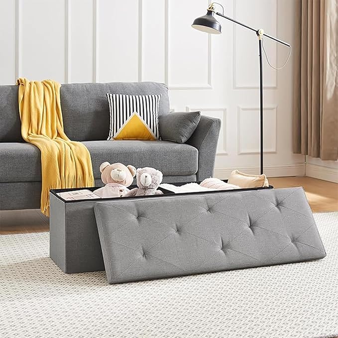 VECELO 43'' Folding Storage Ottoman Bench, Storage Chest, Linen Fabric Foot Rest Stool, 158L Storage Footstools for Bedroom and Living Room, Holds up to 660 lbs, Grey