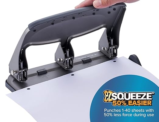 Bostitch Office EZ Squeeze 40 Sheet 3-Hole Punch, Heavy Duty (HP40AM), Silver