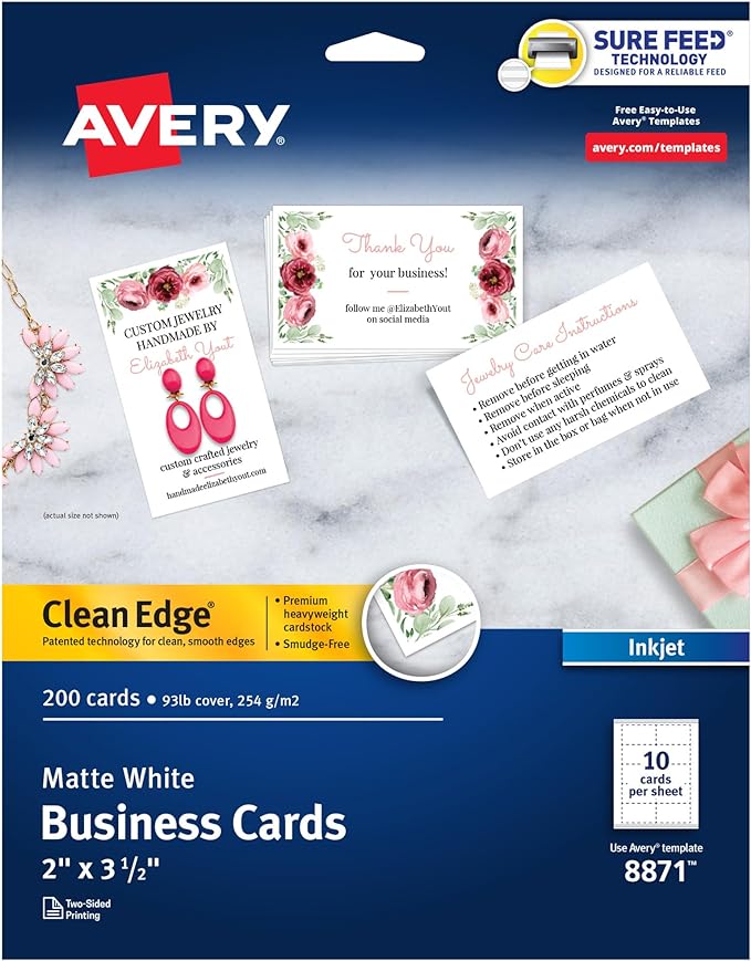 Avery Clean Edge Printable Business Cards with Sure Feed Technology, 2" x 3.5", White, 200 Blank Cards for Inkjet Printers (08871)