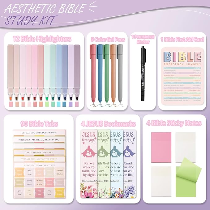 XKDOUS Bible Study Supplies Journaling Kit, Morandi Colored Bible Study Kit Journaling Supplies with 12 Pastel Highlighter and 90 Index Tabs Set, 5 Smooth Pens and More, Christian Gifts for Women