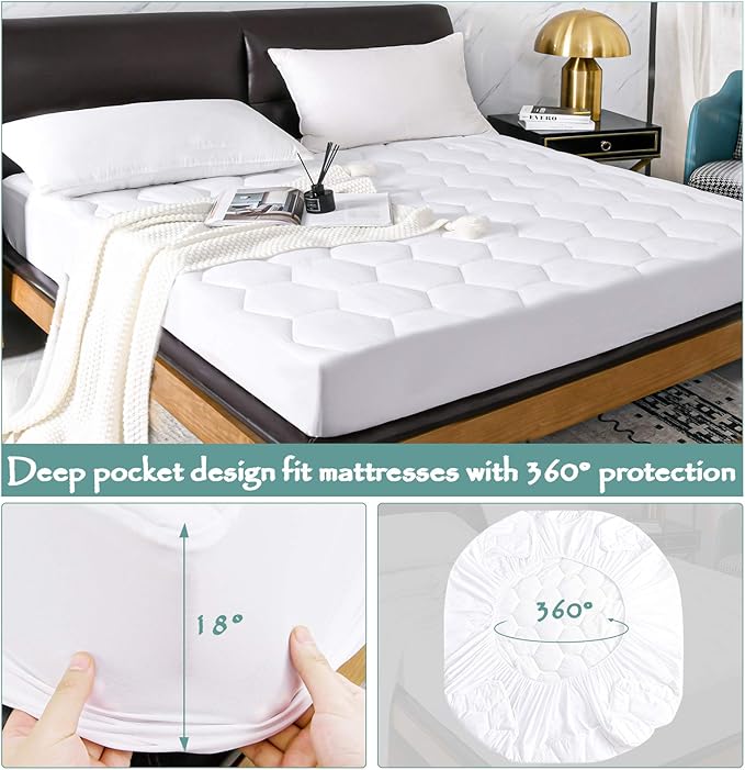 Full Quilted Waterproof Mattress Pad Cover,Soft Mattress Pad Cover, Waterproof Mattress Protector Stretches up to 16” Deep Pocket-Hollow Alternative Filling-Cooling Mattress Topper