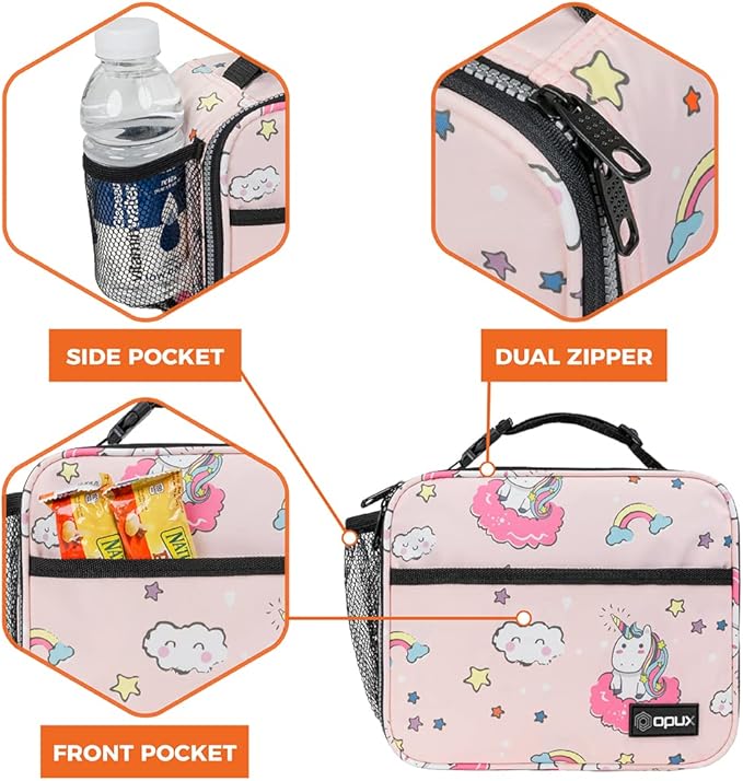 opux Insulated Lunch Bag Kids, Lunch Box for School Boy Girl, Leakproof Small Reusable Compact Soft Mini Cooler Bag, Toddler Small Lunch Boxes Kit Pail with Front Side Pockets (Pink Unicorn)