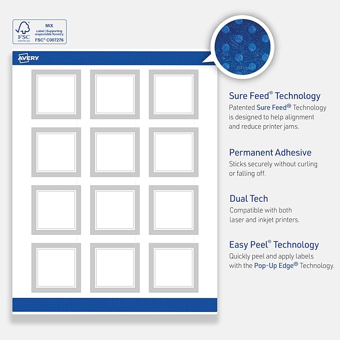Avery Printable Square Labels with Sure Feed Technology, Pre-Printed Silver Mirror Metallic Design, Matte White, 2" x 2", Laser & Inkjet Compatible, 120 Total