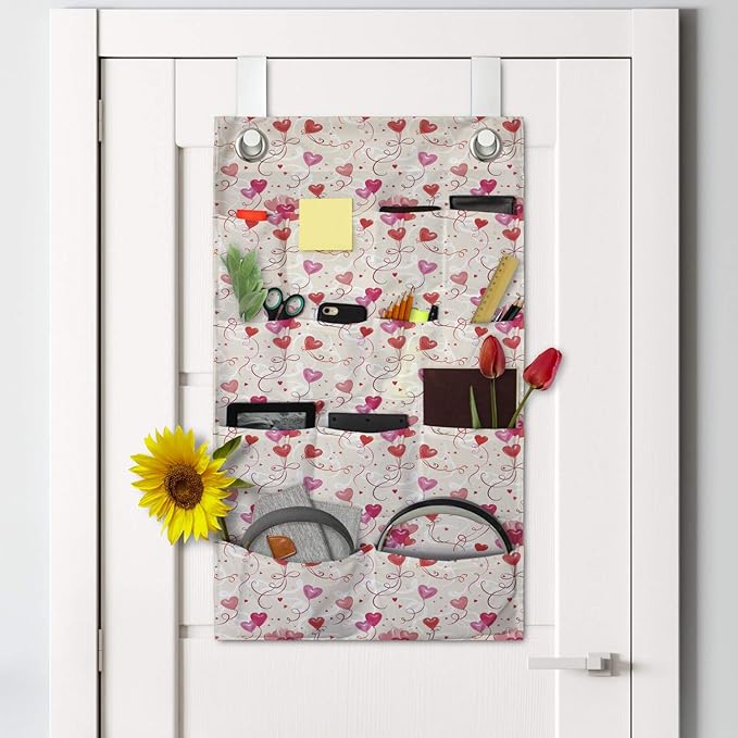 Ambesonne Valentine's Day Hanging Pocket Organizer, Print of Heart Shaped Balloons Flying Up with Mini Hearts, Printed Polyester Storage Bag with Pockets, 21" x 31", Eggshell Vermilion