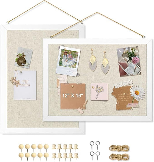 2-Pack Double-Sided Cork Board with Linen, 16" x 12" Hanging Wood Framed Bulletin Board, Picture Display Vision Board Kit Corkboards for Wall School Office Decor, 20 Pushpins (Vintage White)