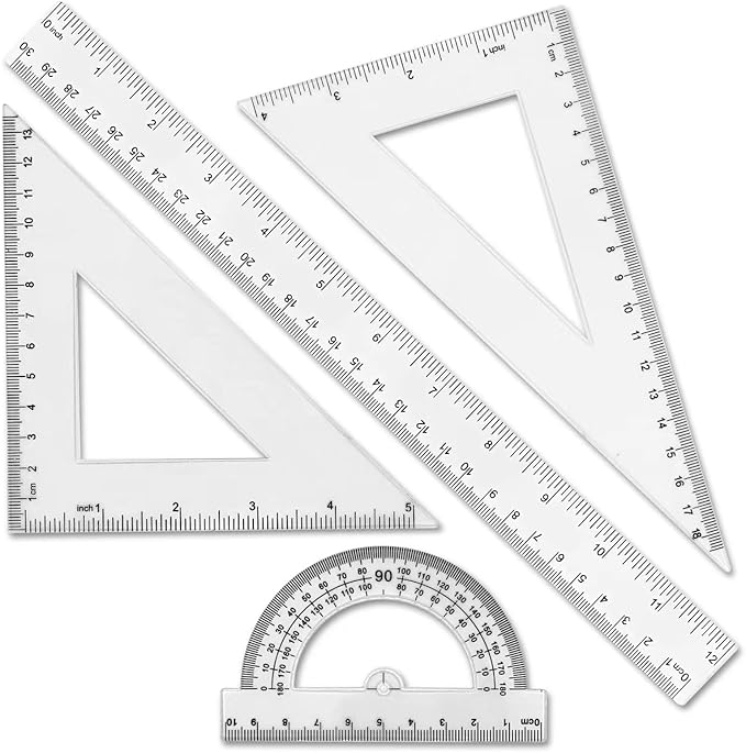 Clear Math Geometry Tool Set,12 Inch Ruler 4 PCS for Measuring and Drafting, Transparent Plastic Straight Ruler, Triangle Rulers, Protractor for Student School Office Supplies, Imperial Metric