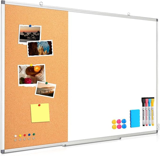 WALGLASS Dry Erase Cork Board Combo, 36"X48" White Bulletin Board for Wall, Magnetic Corkboard Whiteboard Combination, Vision Board for Office, Home, School