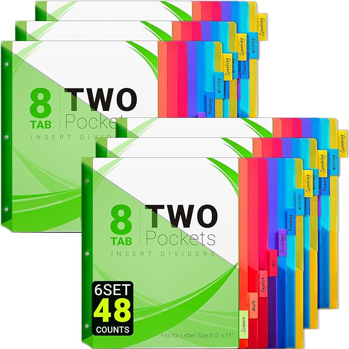 8-Tab Dividers for 3-Ring Binders, 48 Counts 3 Holes Index Dividers with 2 Pockets, Insertable 8 Tabs Binder Divider for 1/2''/1''/2''/3'' inch Binders, 8 Colors (6)