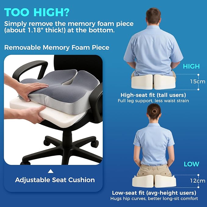 Seat Cushion for Office Chair with Adjustable Loft, Thick Memory Foam Chair Cushion for Back & Sciatica Tailbone Coccyx Pain Relief on Home Chair, Ergonomic Wheelchair Desk Pillow Hip Shaping Support