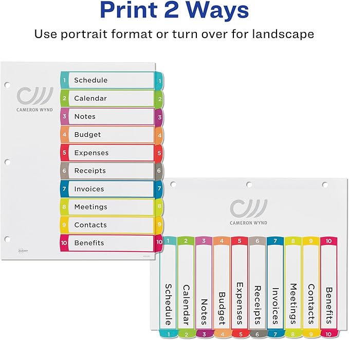 Avery Dividers for 3 Ring Binders, 10 Tabs per Set, Customizable Table of Contents, Multicolor Arched Tabs, Great for Organizing Reports, Projects, and More (11842)