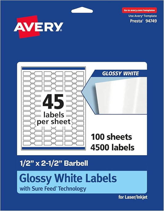 Avery Glossy White Barbell Labels, Sure Feed Technology, 0.5" x 2.5", 4,500 Glossy White Labels, Permanent Adhesive, Laser/Inkjet Printable