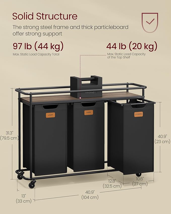 VASAGLE Laundry Sorter, Laundry Hamper with Wheels, 39.6 Gal. (150 L) Portable Rolling Cart Baskets with Shelf, 3 Removable Liners and 6 Labels, Ink Black and Chestnut Brown UBLH103BH01